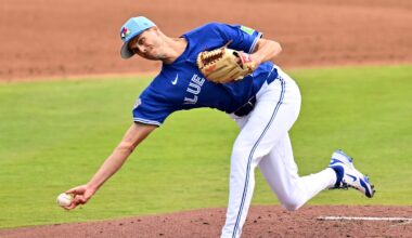 Feb 26, 2026; Dunedin, Florida, USA; Toronto Blue Jays relief pitcher Tyler Rogers (71) throws a pitch in the second inning against the Florida Marlins during spring training at TD Ballpark. Mandatory Credit: Jonathan Dyer-Imagn Images