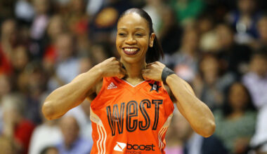 Jul 27, 2013; Uncasville, CT, USA; Western Conference player Tina Thompson (7) smiles during the 2013 WNBA All Star Game at Mohegan Sun Arena. Mandatory Credit: Danny Wild-Imagn Images