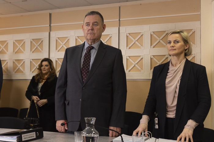 03_04_coro_george_court_01 George stands up in court as Glenda watches on in a scene from Coronation Street
