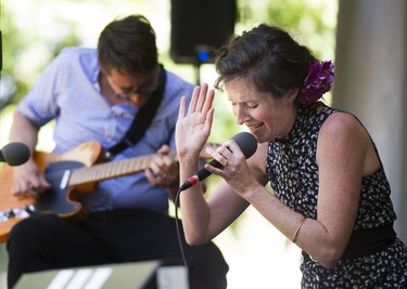 Vocalist Julia Ulehla and guitarist Aram Bajakian with Dalava perform at the 41st annual Vancouver Folk Music Festival at Jericho Beach Vancouver in 2018.
