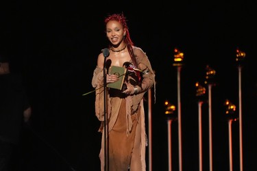 FKA Twigs accepts the award for best dance/electronic album for EUSEXUA during the Grammy Awards on Feb. 1, 2026, in Los Angeles.