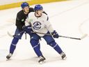 Drew O'Connor and Tom Willander at Canucks practice on Wednesday.