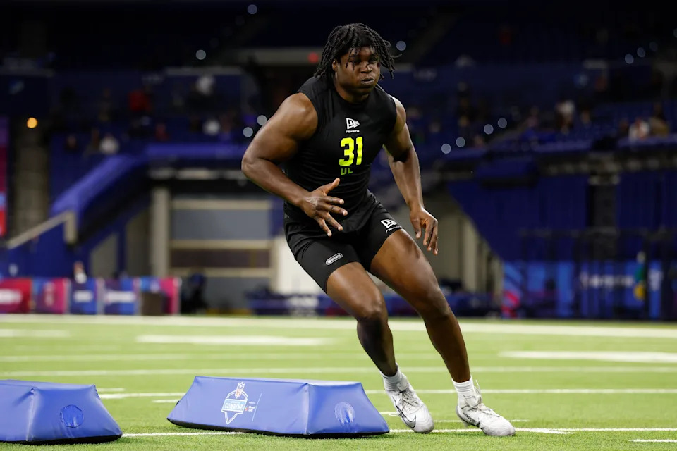 INDIANAPOLIS, INDIANA - FEBRUARY 26: David Bailey #DL31 of Texas Tech participates in a drill during the 2026 NFL Scouting Combine at Lucas Oil Stadium on February 26, 2026 in Indianapolis, Indiana. (Photo by Lauren Leigh Bacho/Getty Images)