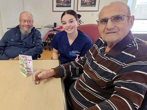 F.J. Davey Home residents Don Pezzuto (left) and Joe Orlando were among those to receive greetings thanks to the efforts of Sault College practical nursing student Lyliana Ditomasso