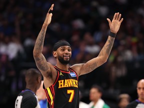 Nickeil Alexander-Walker of the Atlanta Hawks reacts during a game against the Dallas Mavericks.