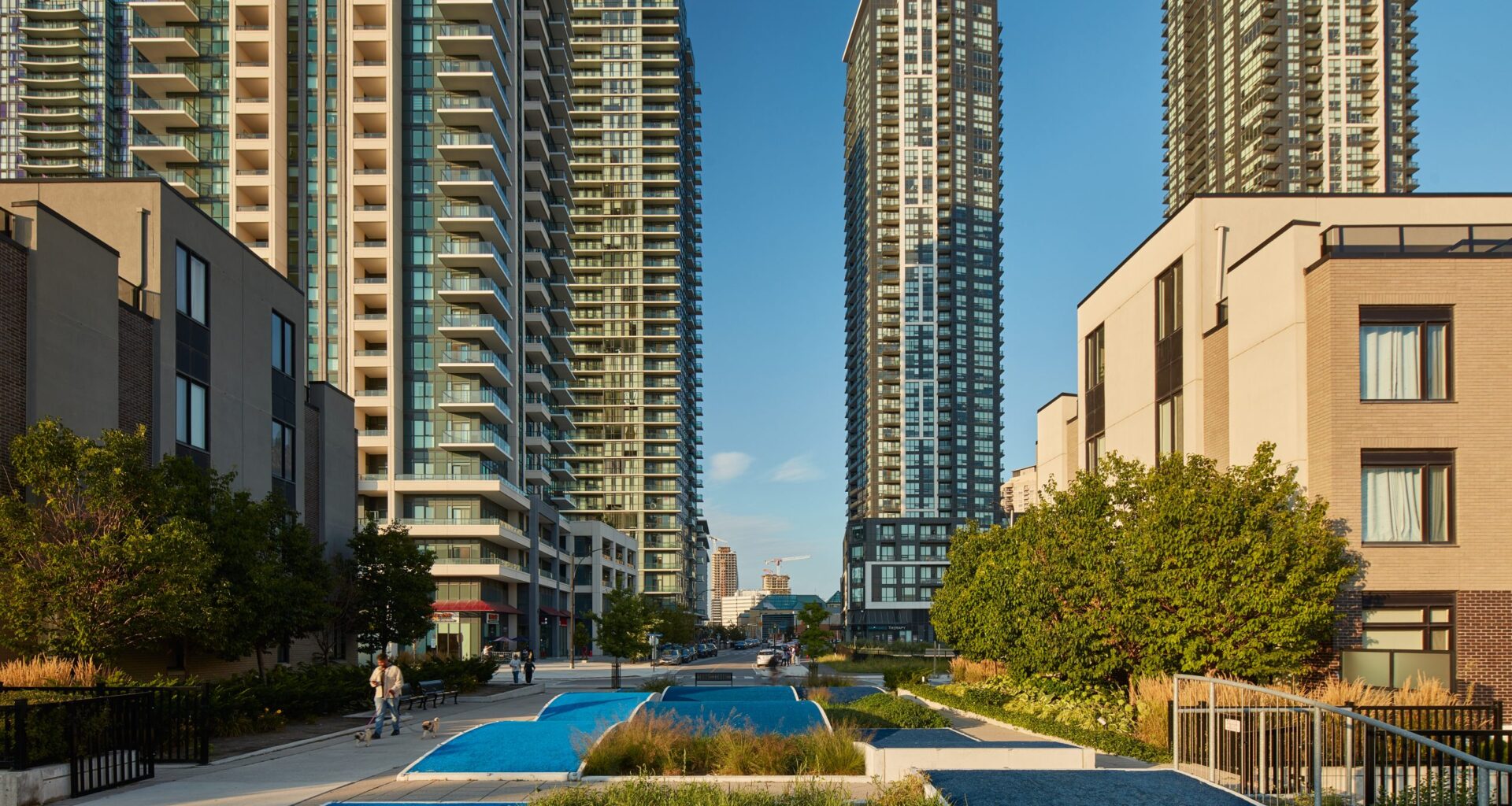 Photo of downtown Mississauga with urban park space low and high rise buildings