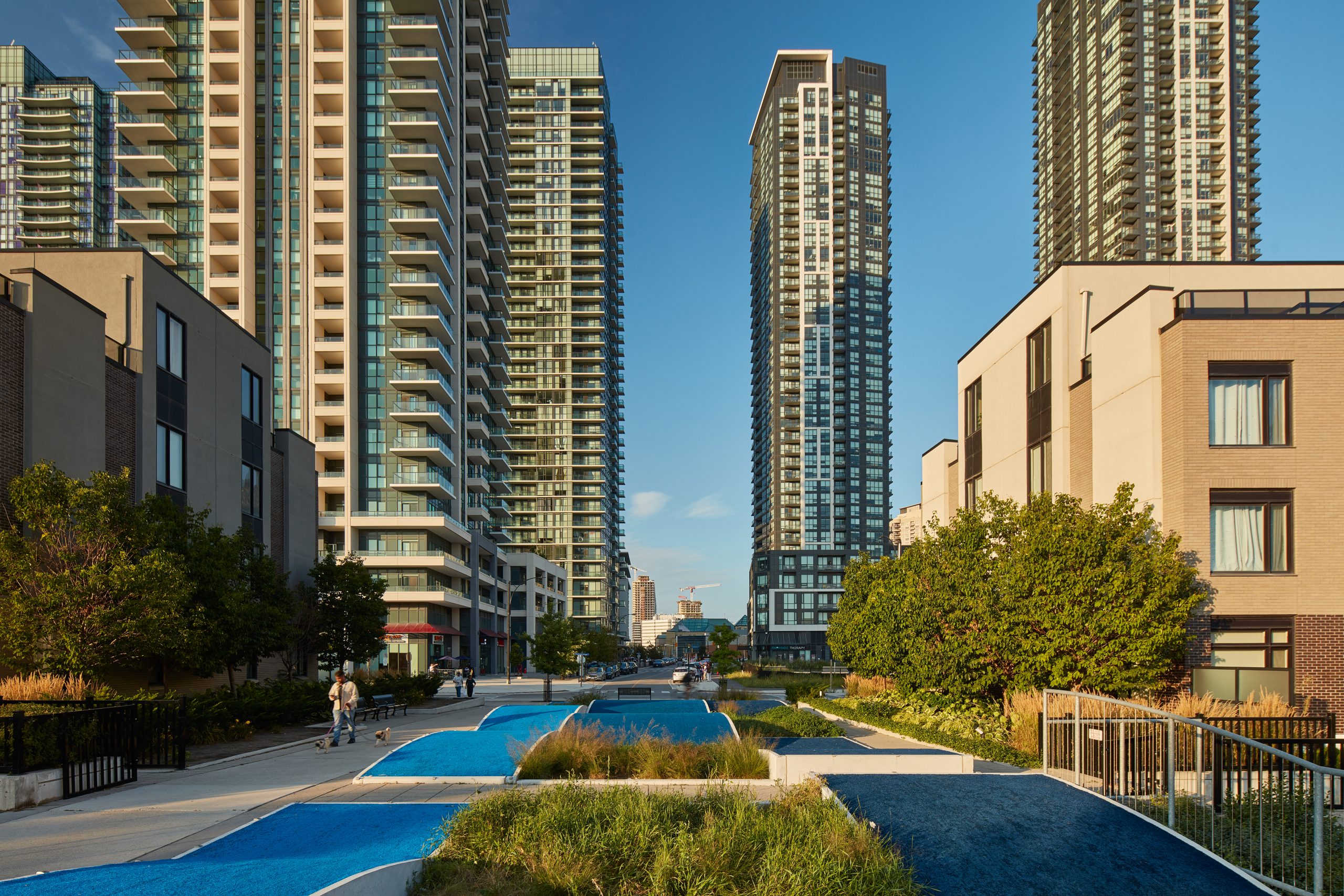 Photo of downtown Mississauga with urban park space low and high rise buildings