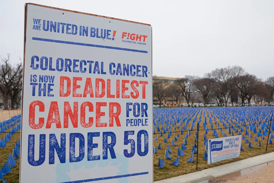 Some 27,000 blue flags representing lives that could be saved from colorectal cancer with further funding and research are seen at the National Mall in Washington, D.C., earlier this month. More than two million new cases are expected this year. GLP-1s have shown promise in reducing the risk of some cancers, although more research is needed (Getty Images)