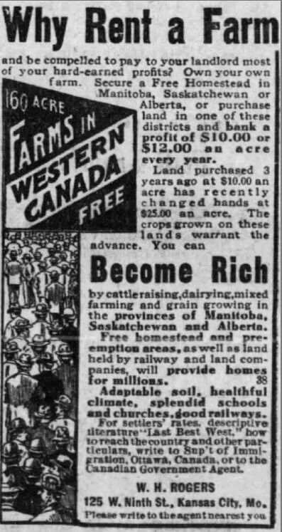 A clipping from Dec. 22, 1911, in the King City Democrat newspaper in Missouri displays an advertisement for 160 acres of land for any Americans wanting their own farm in Western Canada. The advertisement claims settlers can expect 'adaptable soil, healthful climate, splendid schools and churches, good railways.'