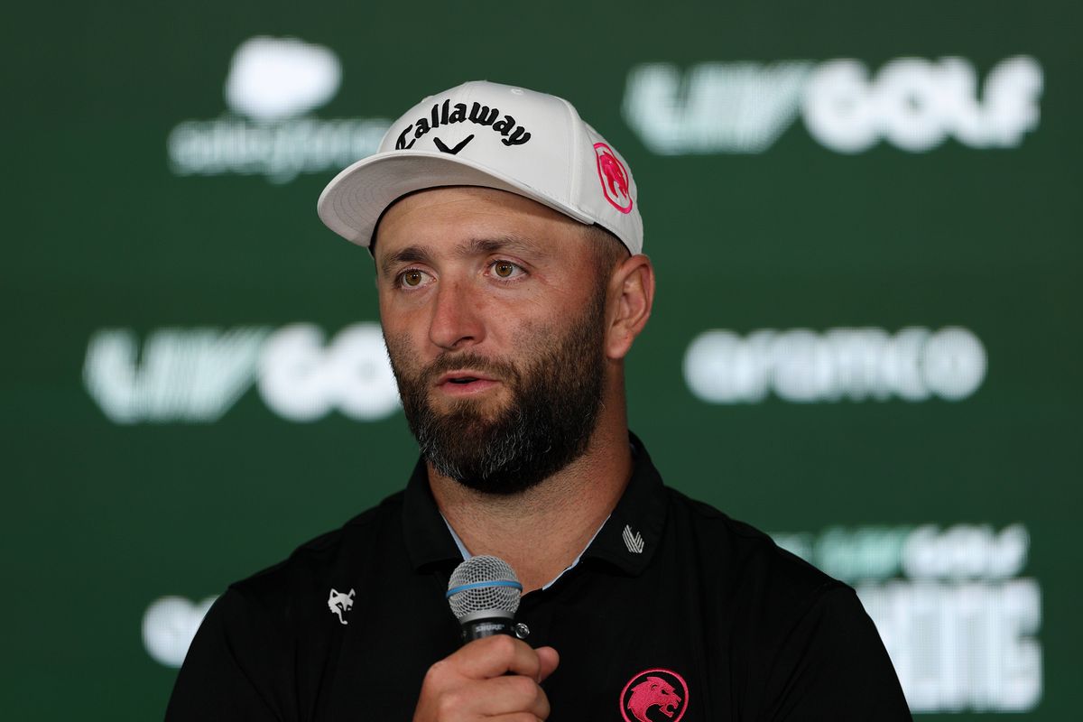 Jon Rahm speaks at a press conference