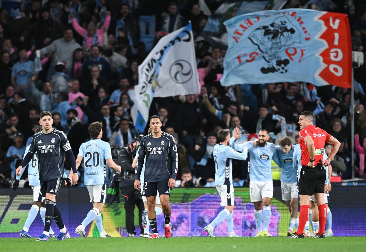 VIGO, SPAIN - MARCH 06:  Trent Alexander-Arnold of Real Madridreacts after RC Celta de Vigo scored their first goal during the LaLiga EA Sports match between RC Celta de Vigo and Real Madrid CF at Estadio Abanca-Balaidos on March 06, 2026 in Vigo, Spain. (Photo by Denis Doyle/Getty Images)