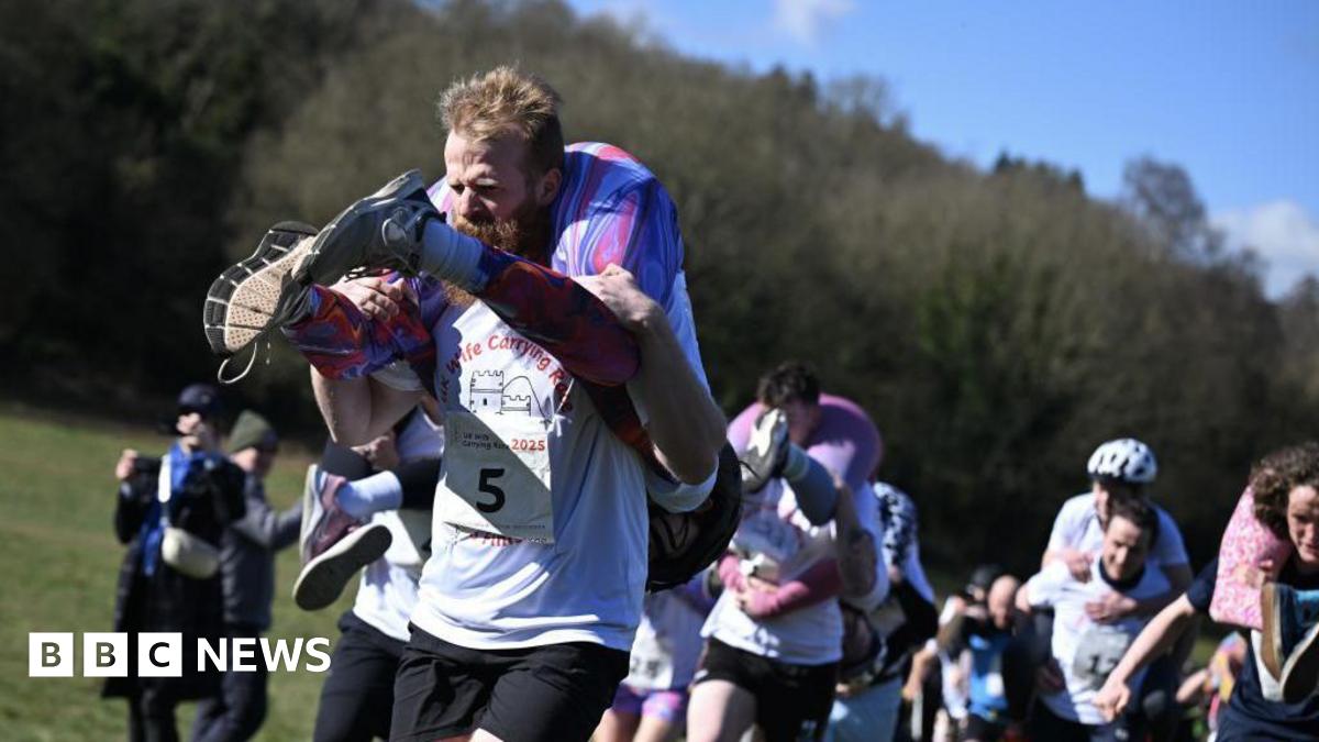 A group of people carrying others on their shoulders. Some are giving the person they are carrying a piggy back, others are carrying with the person's feet in front of them, and them hanging down their back.