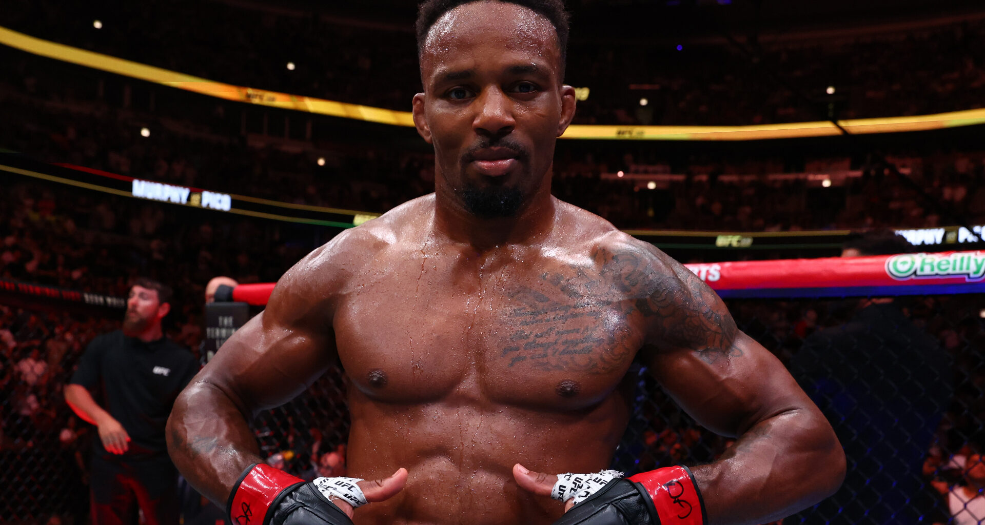 Lerone Murphy celebrates after a knockout win over Aaron Pico at UFC 319