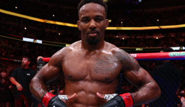 Lerone Murphy celebrates after a knockout win over Aaron Pico at UFC 319