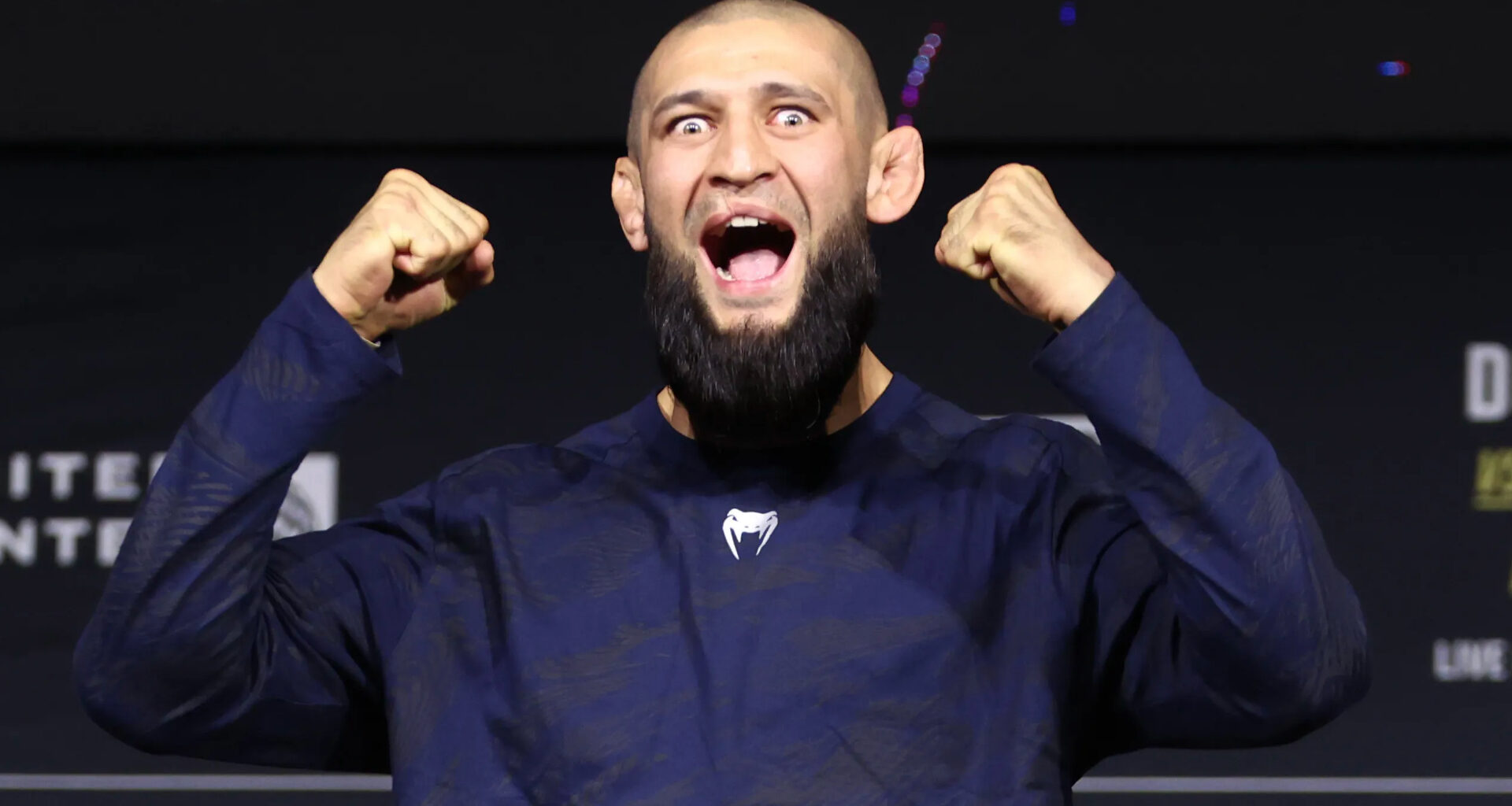 Khamzat Chimaev reacts during a UFC 319 press conference