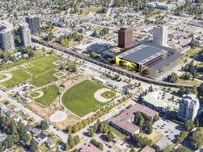 Rrendering of the wider area to be developed for a 10,000-seat arena for sports and music in Surrey's downtown core.