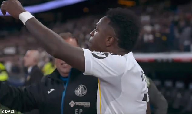 Vinicius Jr was led away from the former West Brom defender, who he had previously mocked earlier in the campaign following a red card 38 seconds after being substituted on