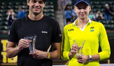A man has come under fire from tennis fans after appearing to touch the body of Kazakhstan star Elena Rybakina during a trophy presentation at Indian Wells in the US