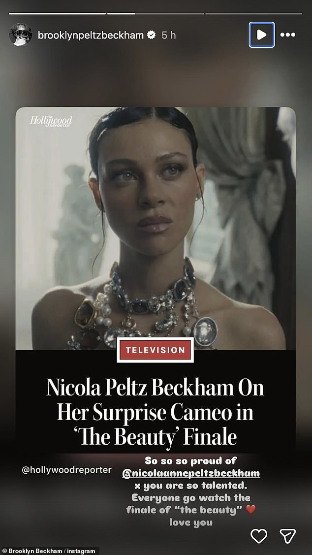 Reposting her latest interview with The Hollywood Reporter alongside a glamorous promotional snap of Nicola starring as Franny Forst in the finale, he wrote: 'So so so proud of @nicolaannepeltzbeckham'