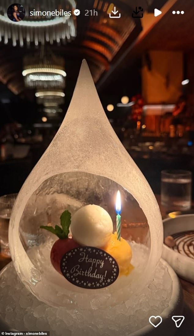 The gymnastic icon appeared to enjoy a lavish meal, sharing a photo of an ornate dessert
