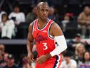 Los Angeles Clippers guard Chris Paul reacts after making a 3-point basket against the Memphis Grizzlies.
