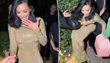 Kim Kardashian takes a tumble in 8-inch heels while walking into Vanity Fair Oscars Party 2026