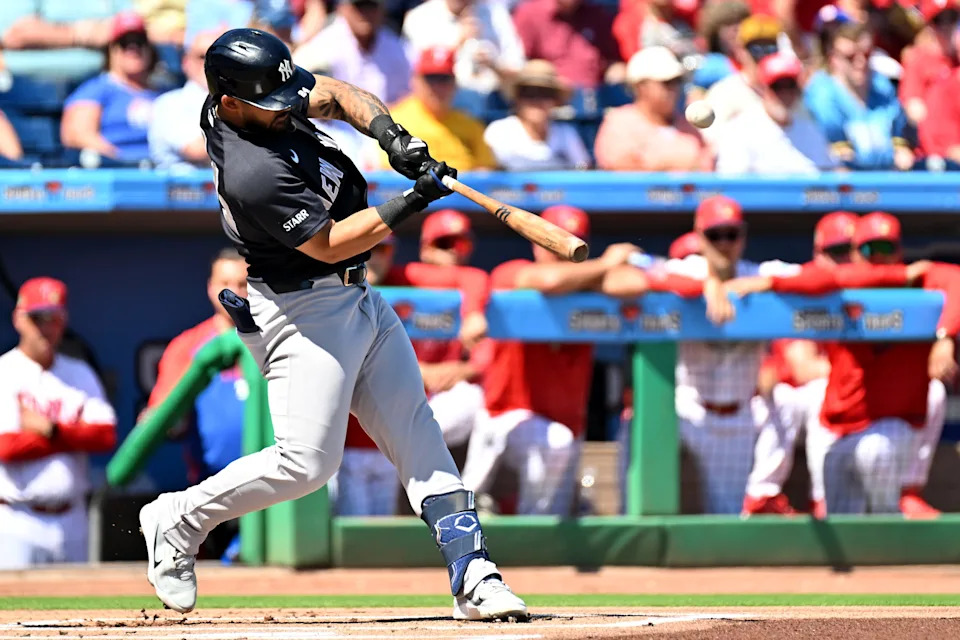 Mar 10, 2026; Clearwater, Florida, USA; New York Yankees left fielder Jasson Dominguez (24) hits a solo home run in the first inning against the Philadelphia Phillies during spring training at BayCare Ballpark. Mandatory Credit: Jonathan Dyer-Imagn Images