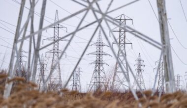 High voltage power lines are seen in Beauharnois, Que., on Monday, Jan. 27, 2025. THE CANADIAN PRESS/Christinne Muschi