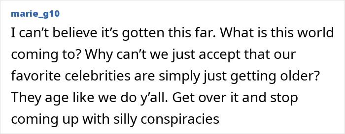 Comment from user marie_g10 expressing frustration over Jim Carrey theories and calling out silly conspiracies. Comment from user marie_g10 expressing frustration over Jim Carrey theories and calling out silly conspiracies.