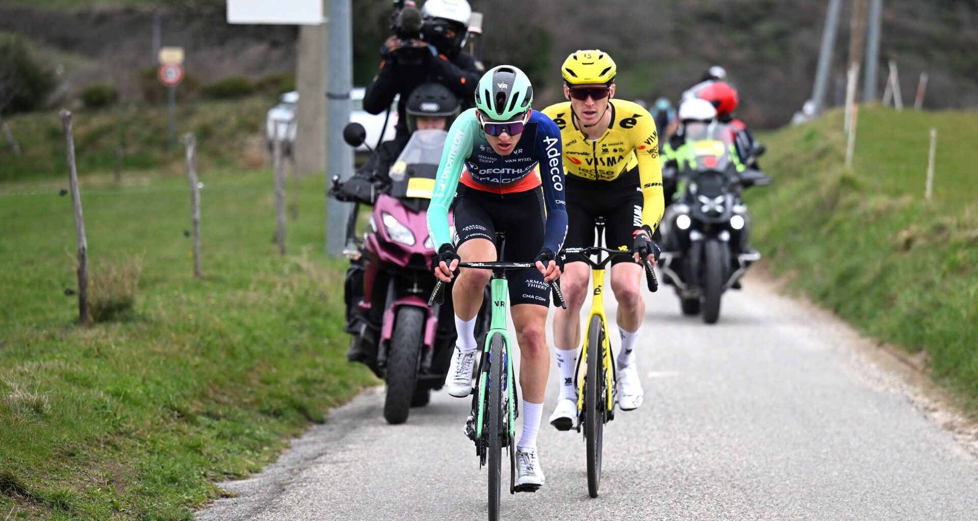 Paul Seixas (Decathlon CMA CGM) en route to dropping Matteo Jorgenson (Team Visma - Lease a Bike) in the Faun-Ardeche Classic (Photo: Billy Ceusters/Getty Images)