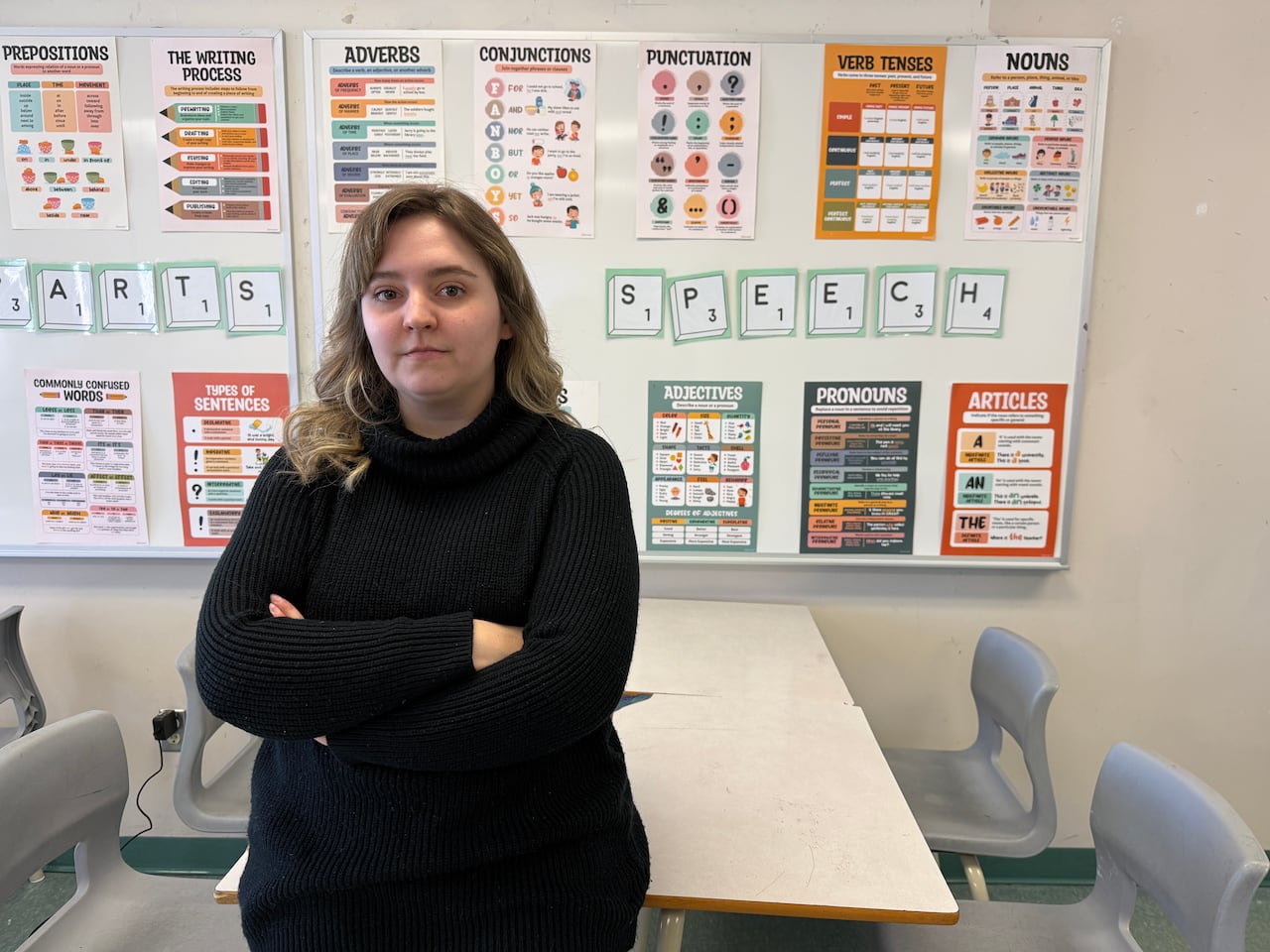 A woman with blonde hair wearing a black sweater