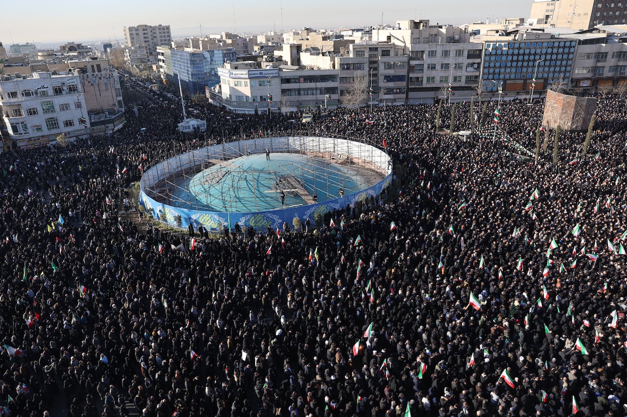 A massive crowd is seen in this aerial view.