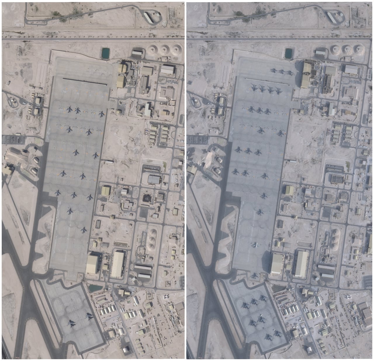 Rooftops of buildings and planes can be seen in a satellite image.