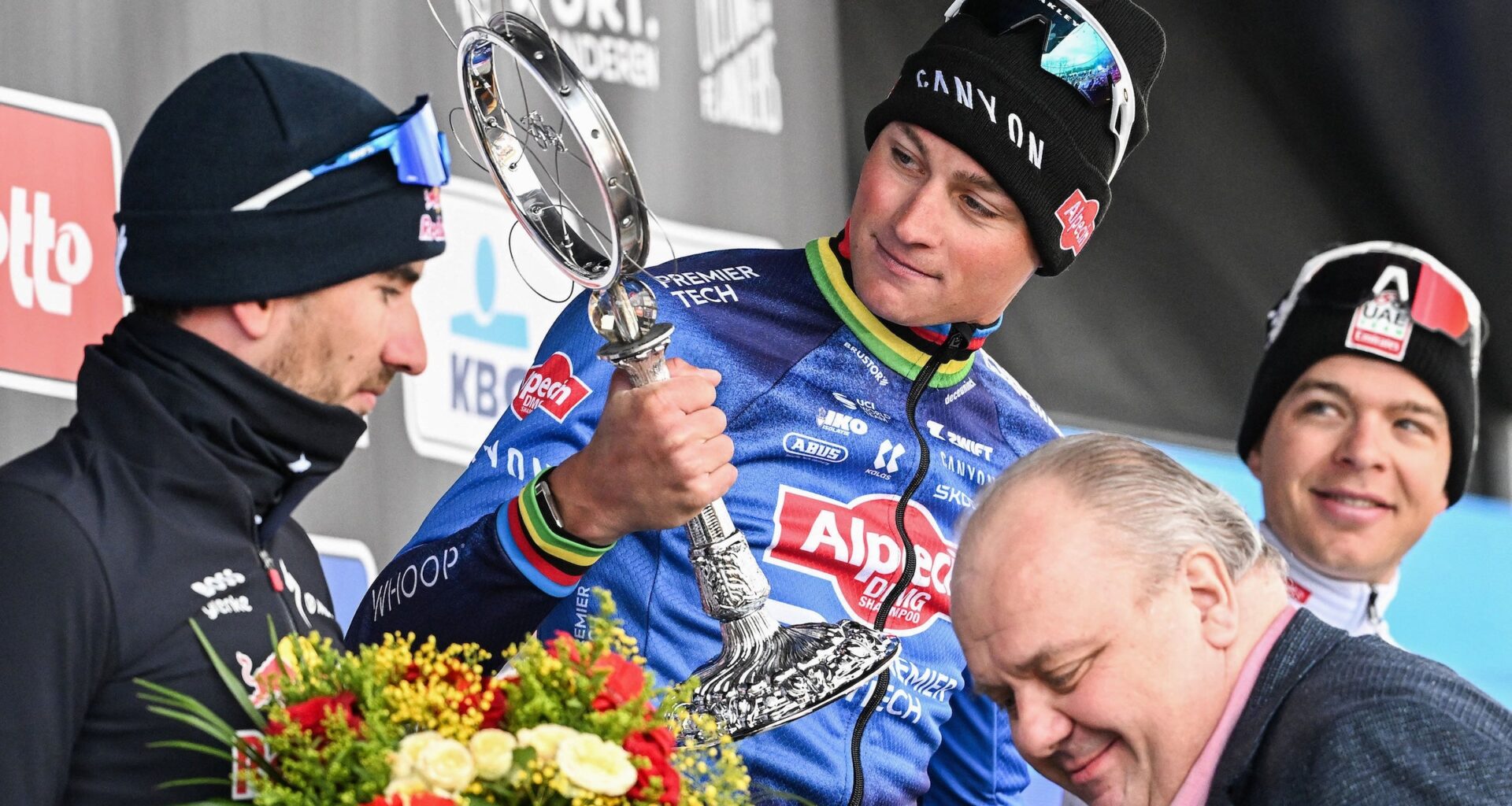 Alpecin-Premier Tech rider Mathieu van der Poel celebrates after winning the 81st edition of the men's 'Omloop Het Nieuwsblad' (Photo: Maarten Straetmans / Belga / AFP)