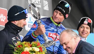 Alpecin-Premier Tech rider Mathieu van der Poel celebrates after winning the 81st edition of the men's 'Omloop Het Nieuwsblad' (Photo: Maarten Straetmans / Belga / AFP)