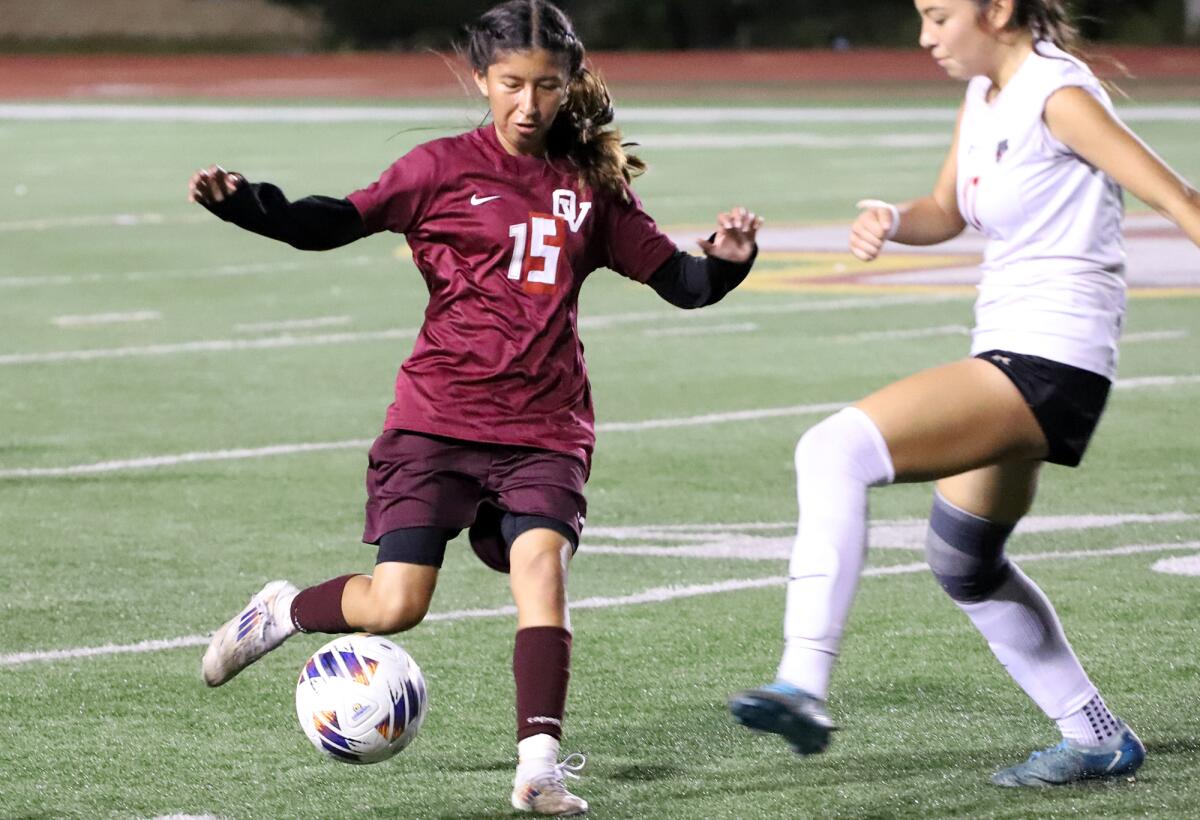 Ocean View's Dyana Padilla (15) kicks the ball up the field against Segerstrom on Friday night.