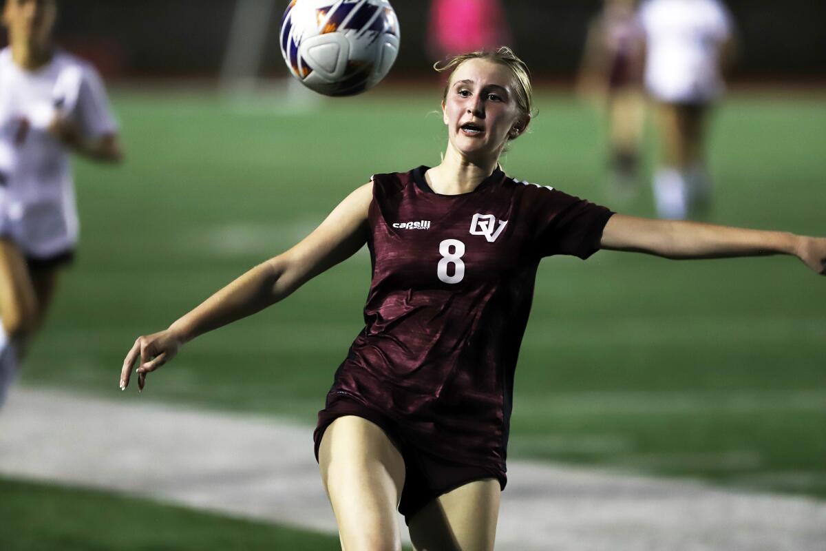 Ocean View's Delaney Johnson (8) tries to control the ball against Segerstrom on Friday night.
