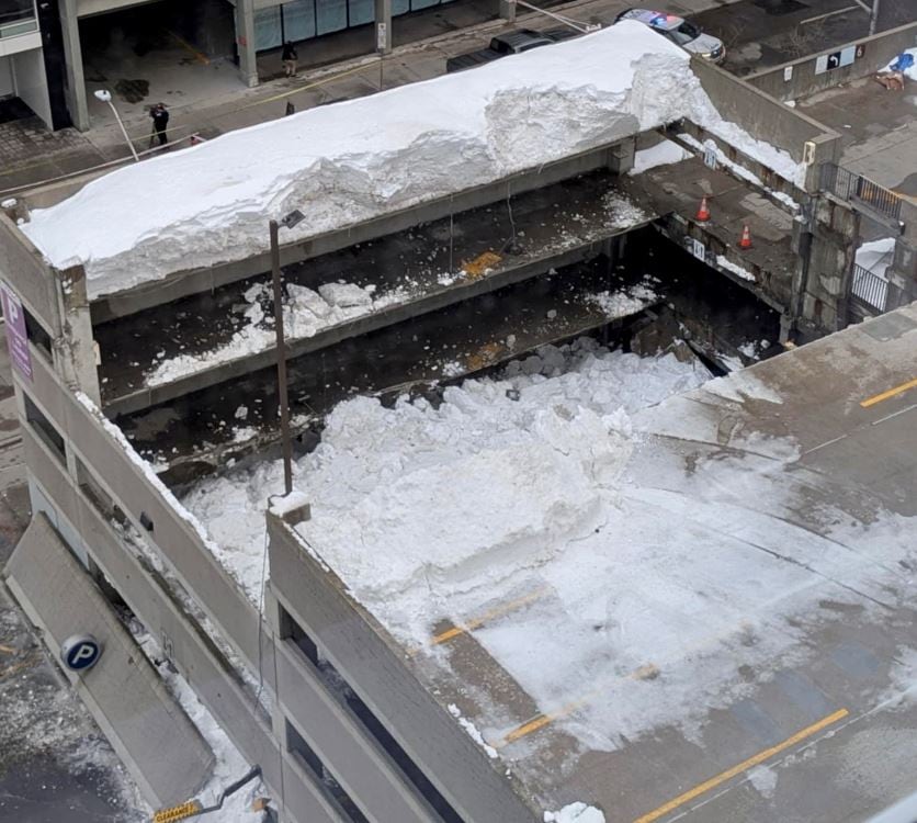 On Feb. 26, 2025, Ottawa Fire Services shared this photo of the partially collapsed roof for the downtown Ottawa parking garage at 170 Slater Street. 