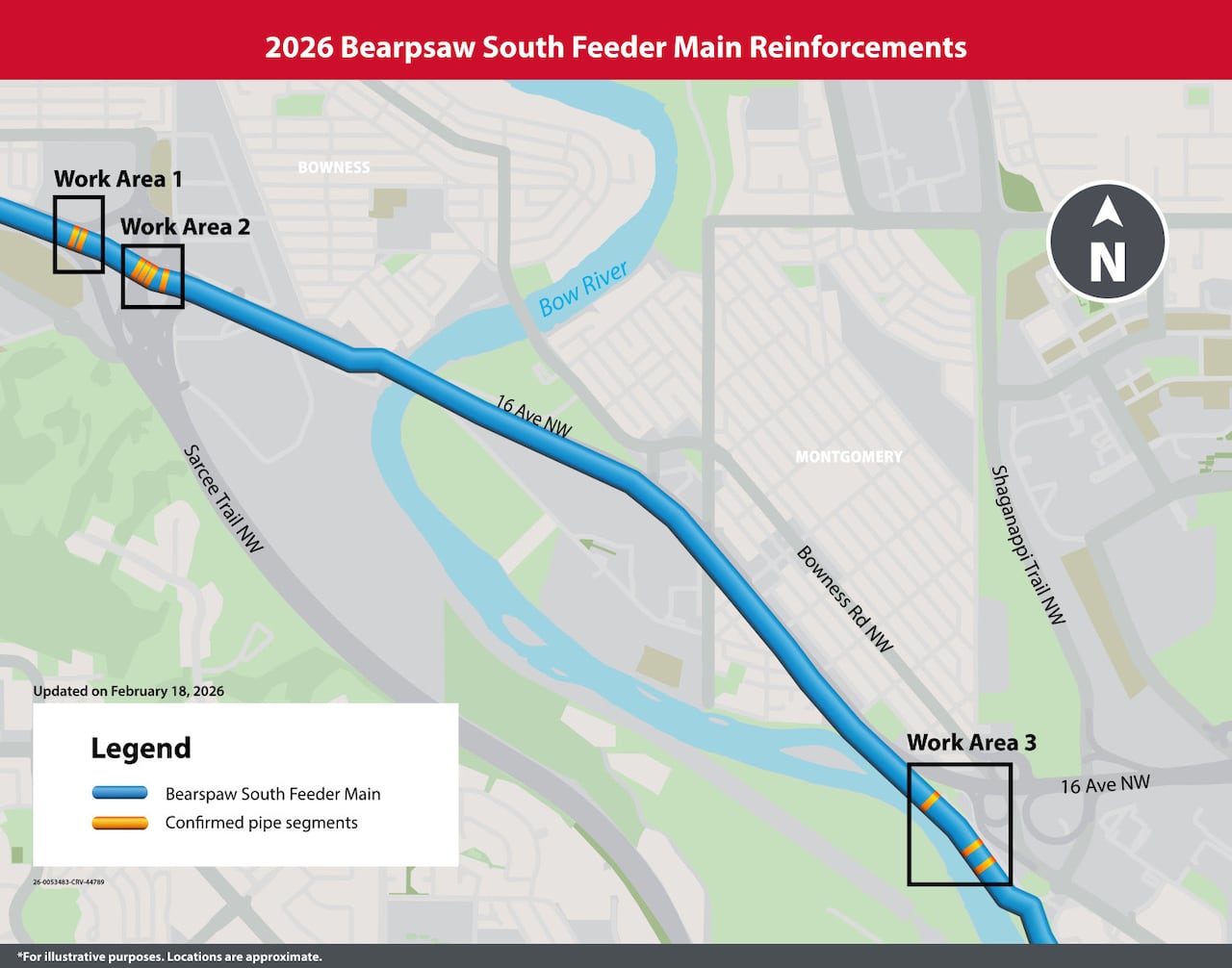 An illustration shows three work areas where the nine segments of pipe will be reinforced. Six are along 16 Avenue N.W. by Sarcee Trail and the other three at in Point McKay.