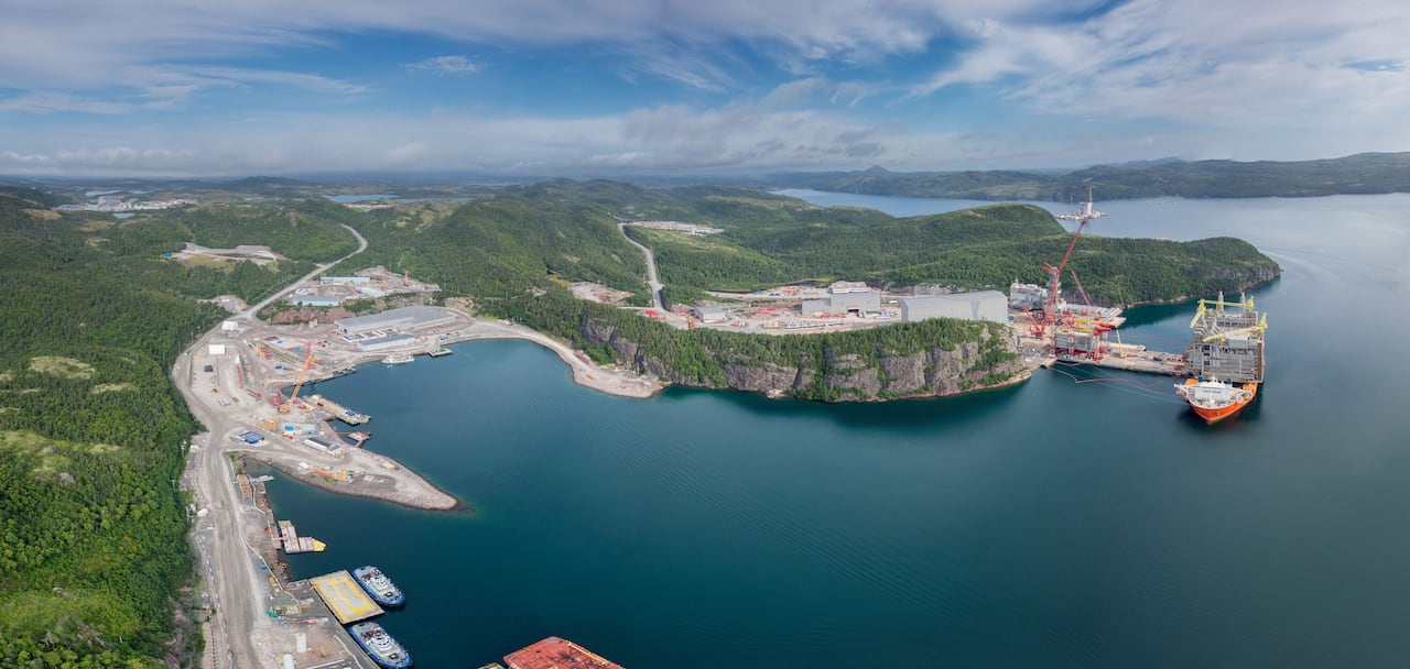 an aerial view of the Bull Arm fabrication yard in Trinity Bay.