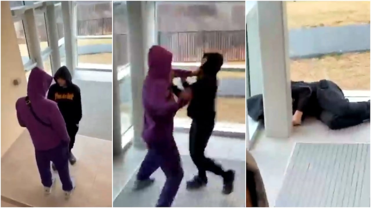 Screenshots from a video shows a 14-year-old boy being attacked by an 18-year-old man in the school hallway.