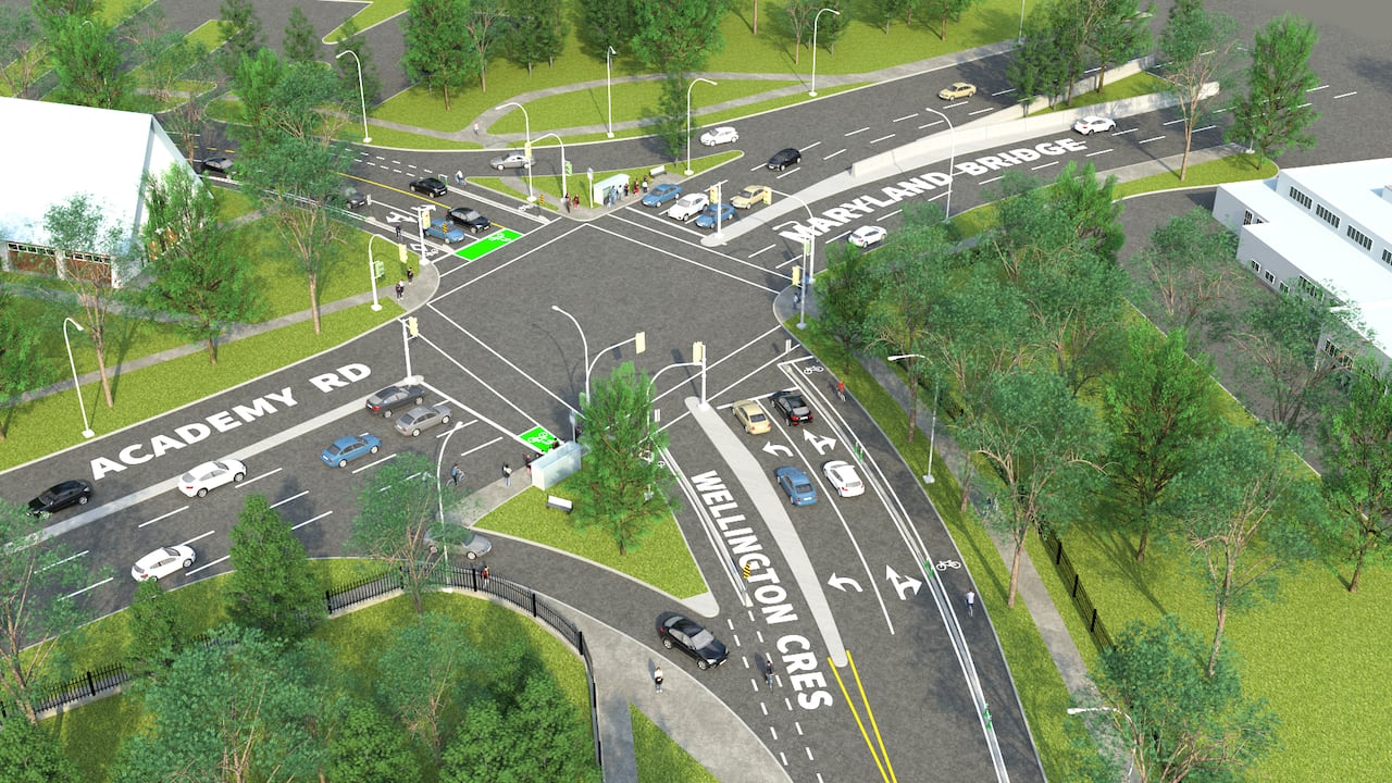This image shows an artists concept of what temporary bike lanes would look like at the intersection of Wellington Crescent and Academy Road.