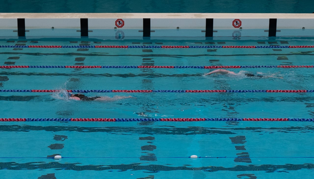Swimmers do laps at the Vancouver Aquatic Centre.