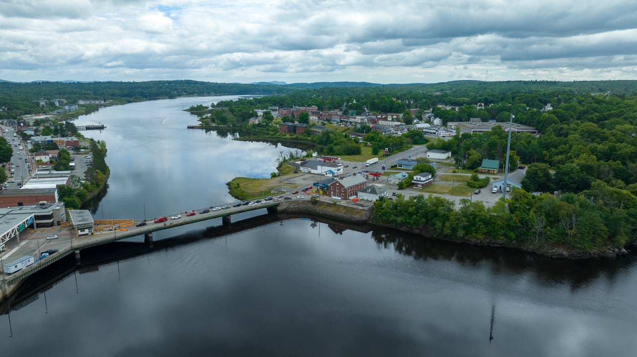 An aerial photo of the St. Croix River between St. Stephen, N.B. and Calais, Maine.