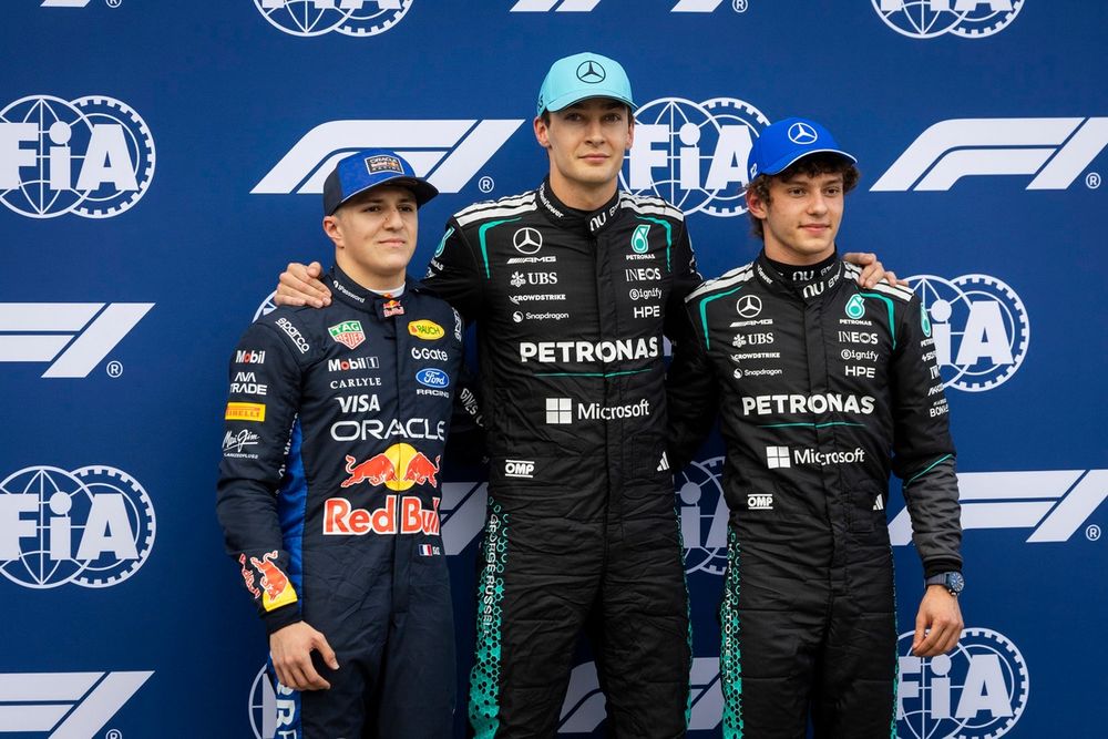 George Russell, Mercedes, Andrea Kimi Antonelli, Mercedes, Isack Hadjar, Red Bull Racing