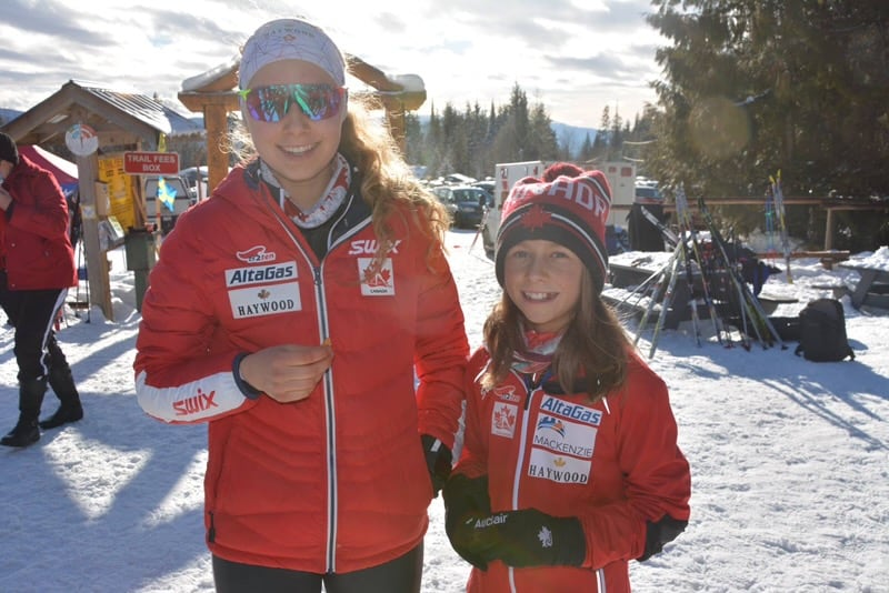 Two girls in red jackets standing together in the snow