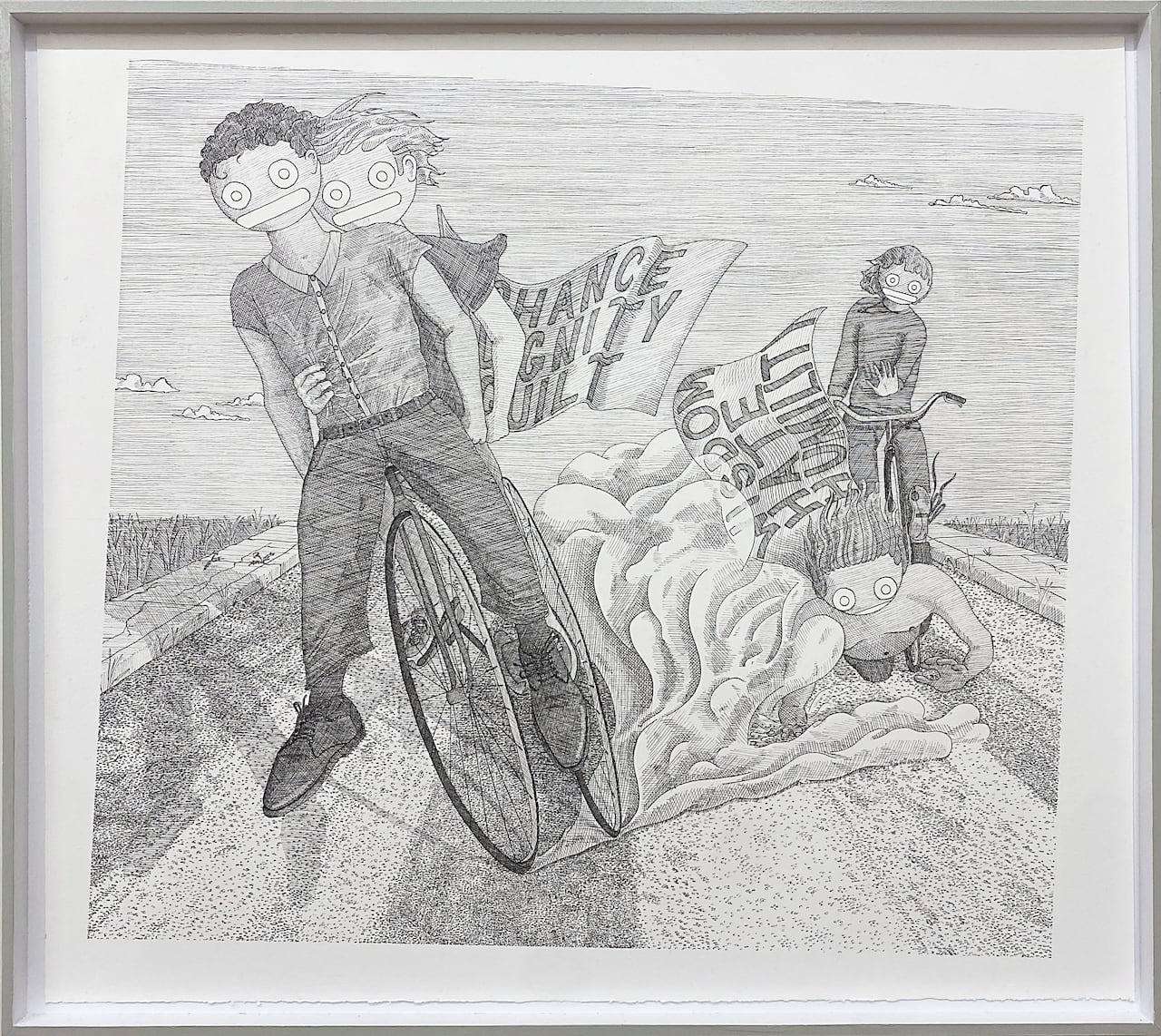 In fine line inkwork, the drawing shows to sets of people double riding bicyles down a gravel road. One rider has fallen off the handlebars and is crashing into the road. 