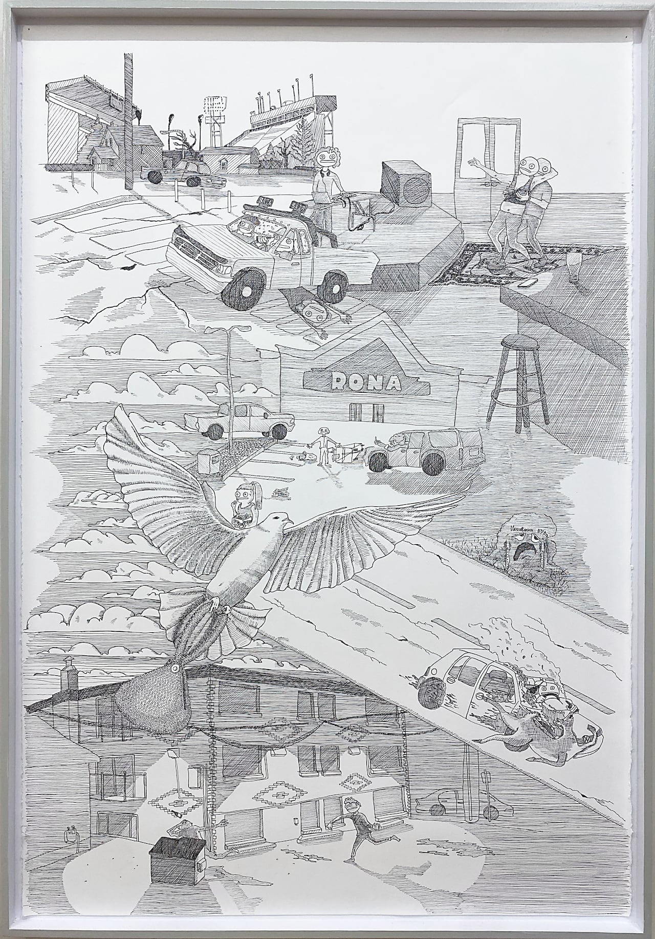 The fine line ink drawing shows a collage of scenes: a car striking a deer, someone throwing a bottle at someone else in an alley, a girl eating french fries, a bird carrying a purse, a Rona parking lot and a nightclub scene.