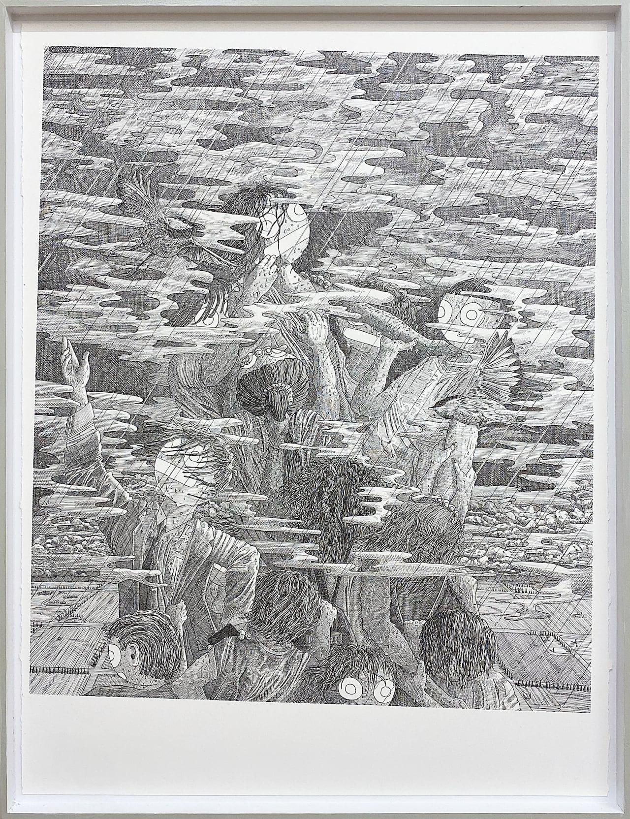 The black line work drawing shows a mound of figures trying to climb over each other to reach the top of the pile. The characters all have a blank emoji face.