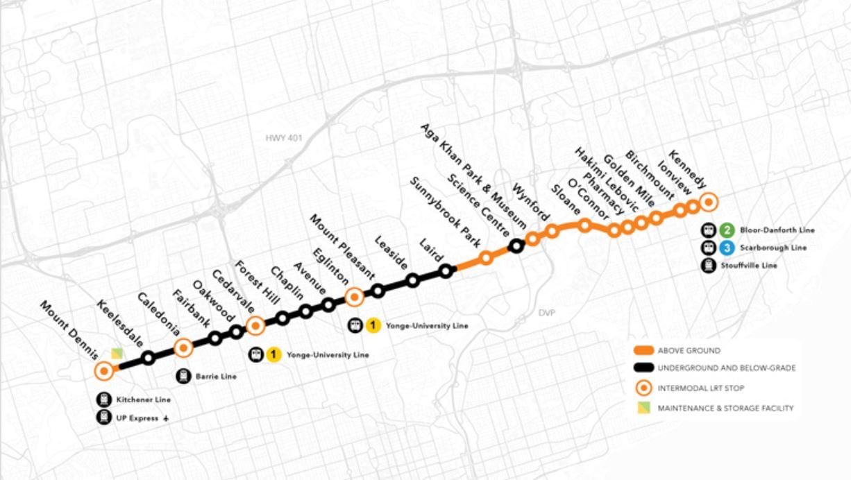 The Eglinton Crosstown LRT route is pictured here.